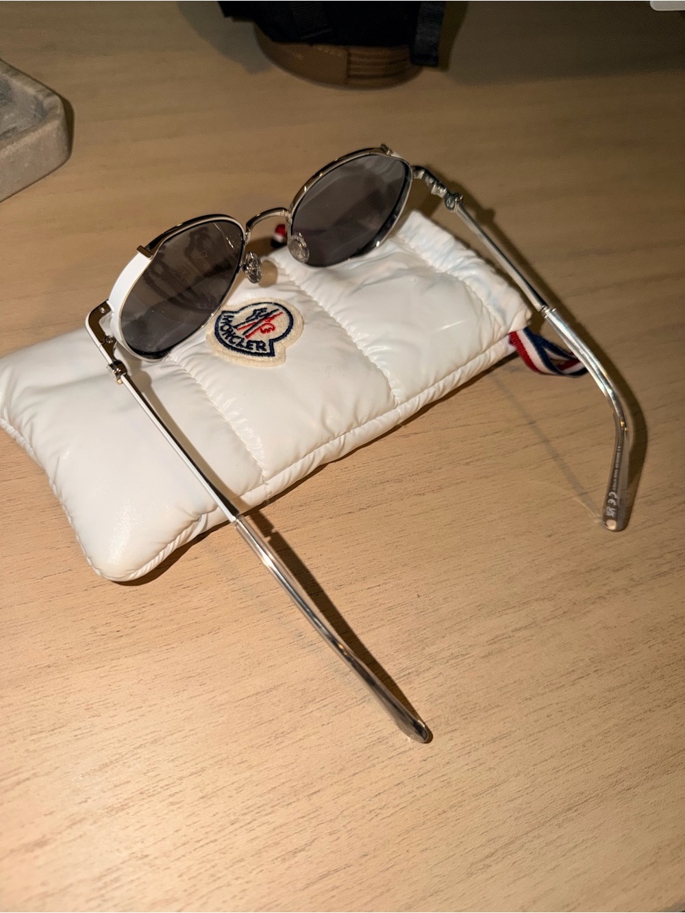 Moncler White Quilted Sunglass Sleeve with Tricolor Ribbon